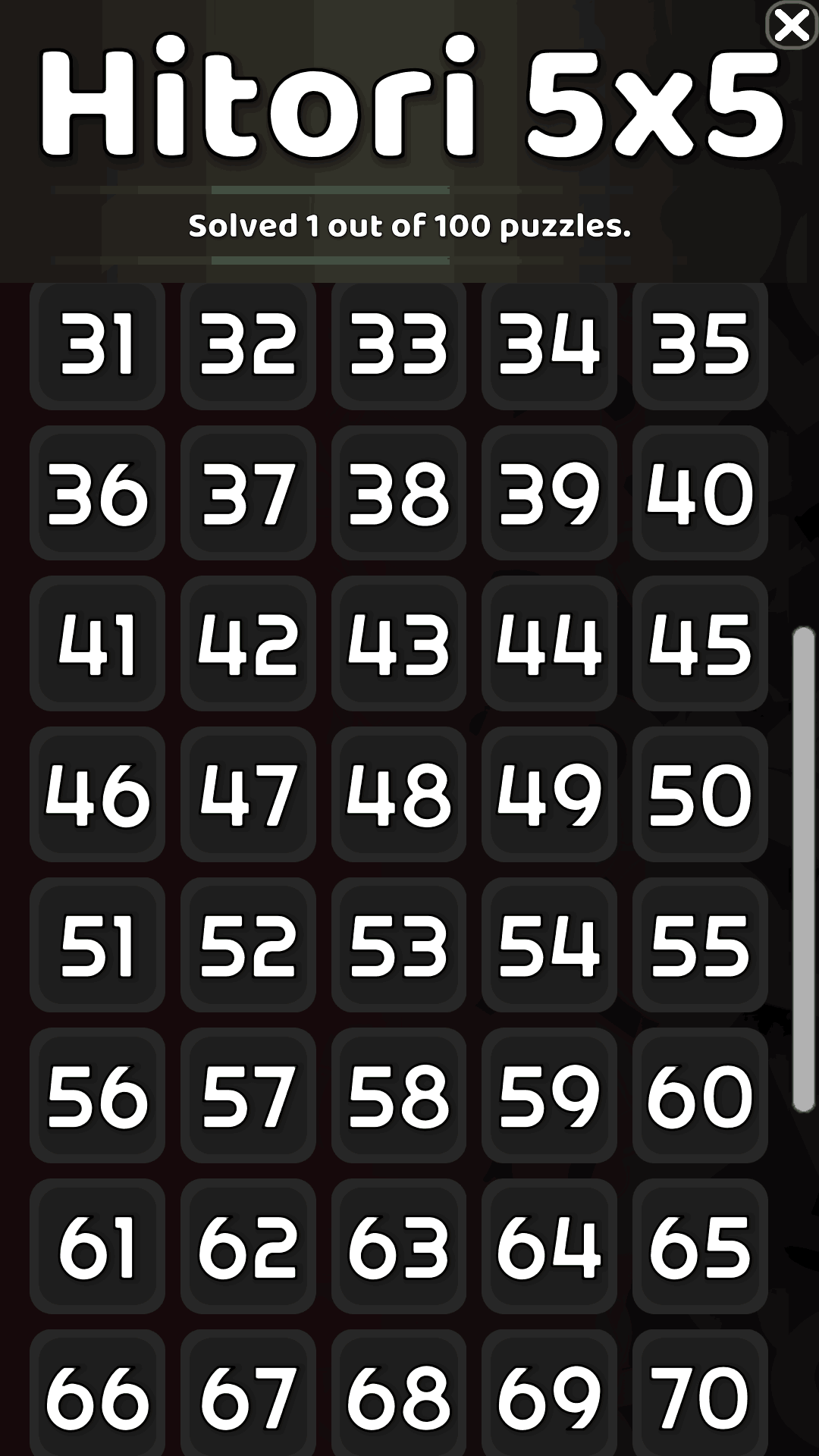 Hitori 5x5 level select dark mode